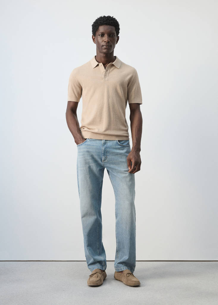 Fine knit polo shirt with microstructure — Beige