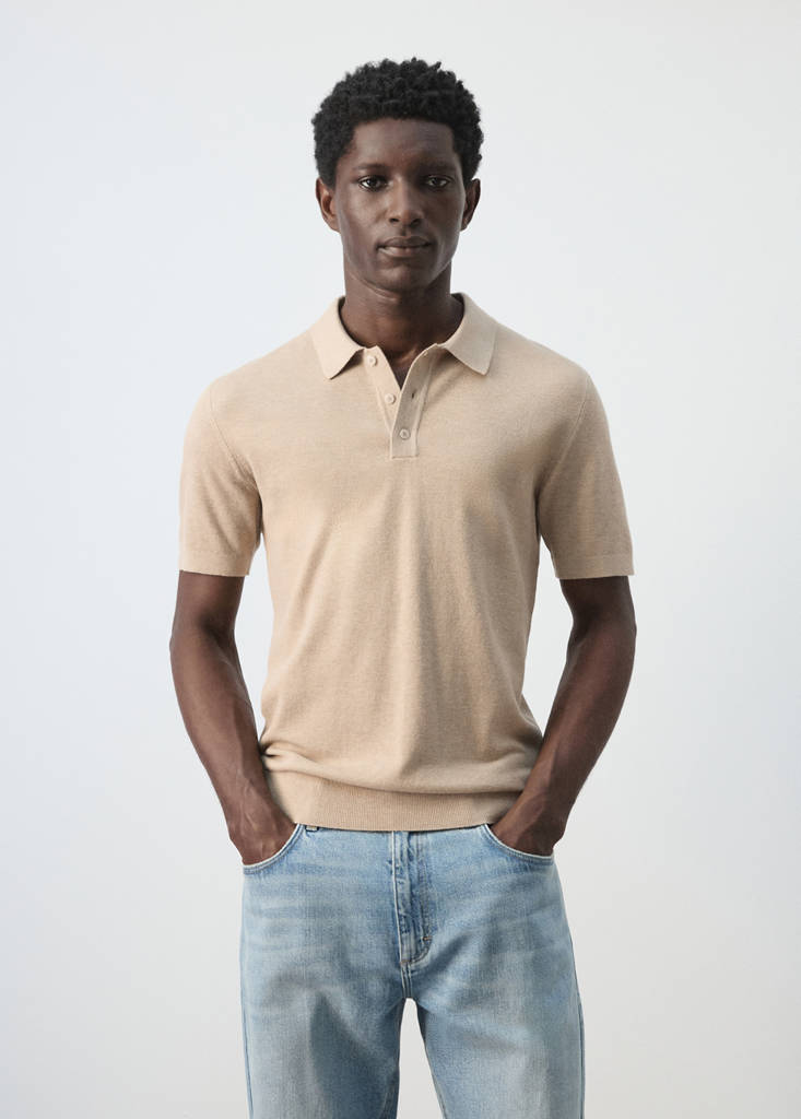 Fine knit polo shirt with microstructure — Beige