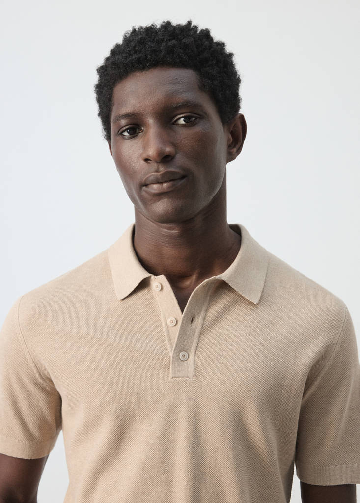 Fine knit polo shirt with microstructure — Beige