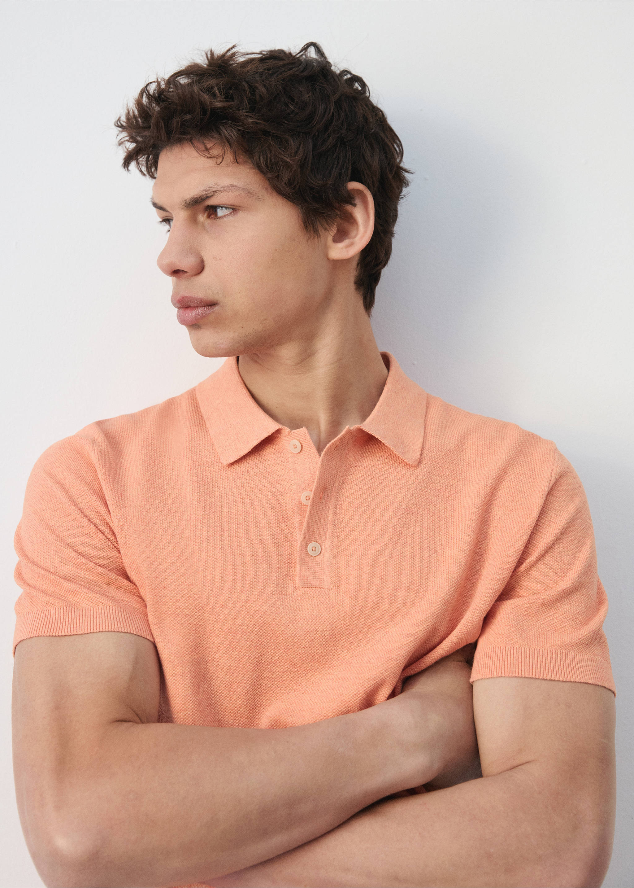 Fine knit polo shirt with microstructure - Details of the article 1, Dark Orange. Ref: 27045944-00.