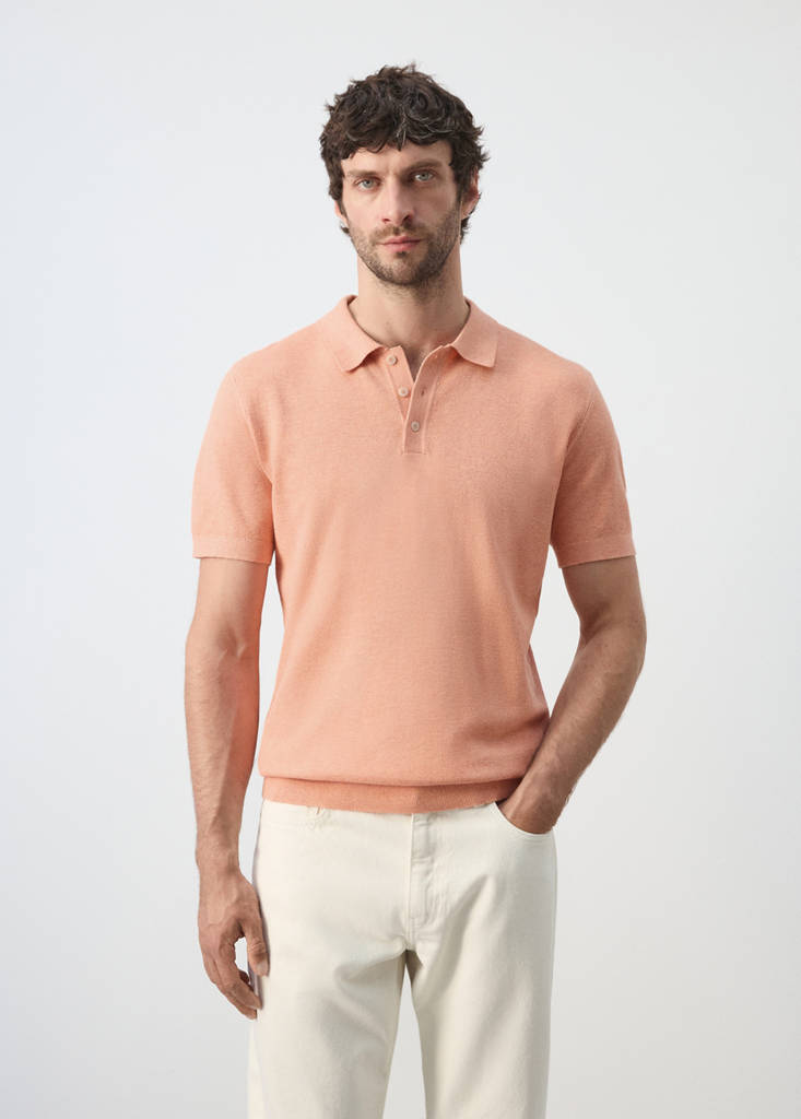 Fine knit polo shirt with microstructure — Dark Orange
