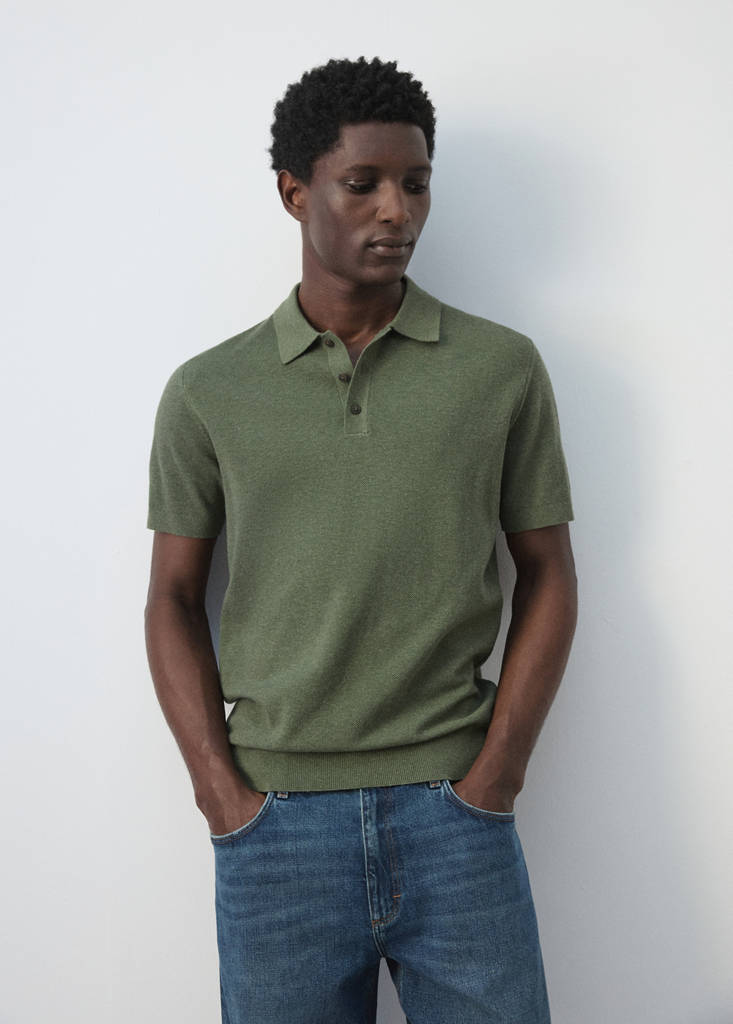 Fine knit polo shirt with microstructure — Forest Green