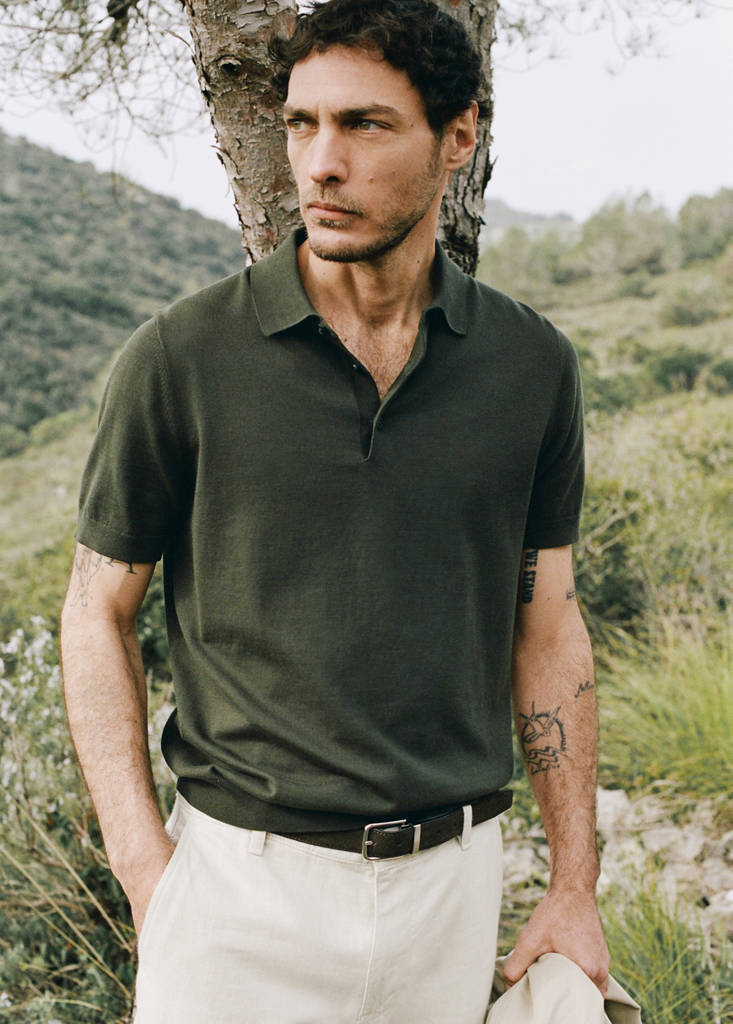 Fine knit polo shirt with microstructure — Forest Green