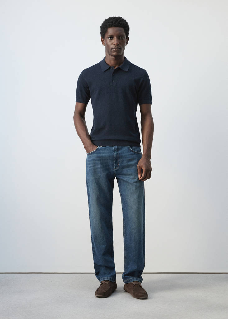 Fine knit polo shirt with microstructure — Navy