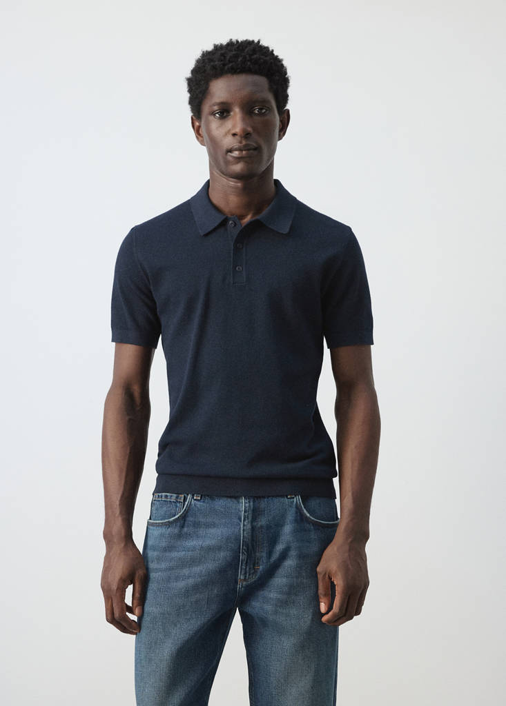Fine knit polo shirt with microstructure — Navy
