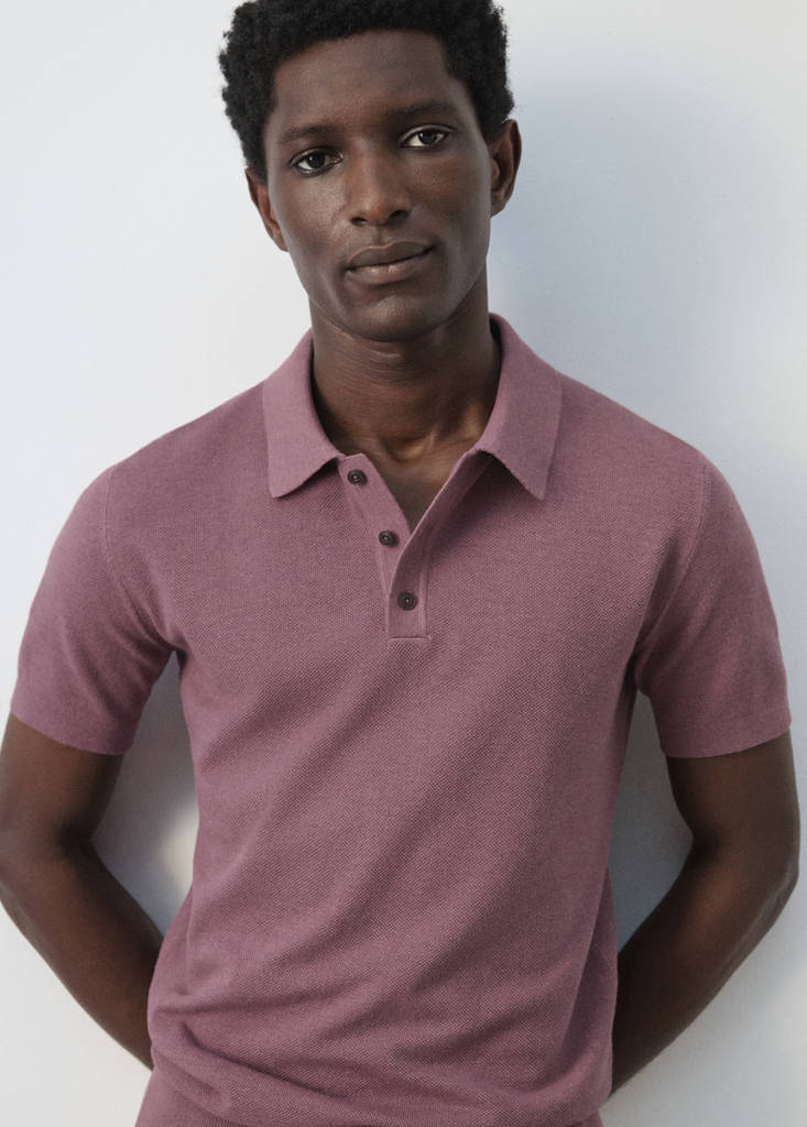 Fine knit polo shirt with microstructure — Plum