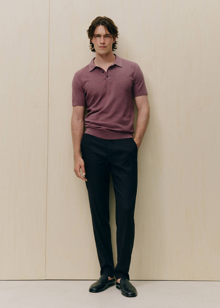 Fine knit polo shirt with microstructure — Plum