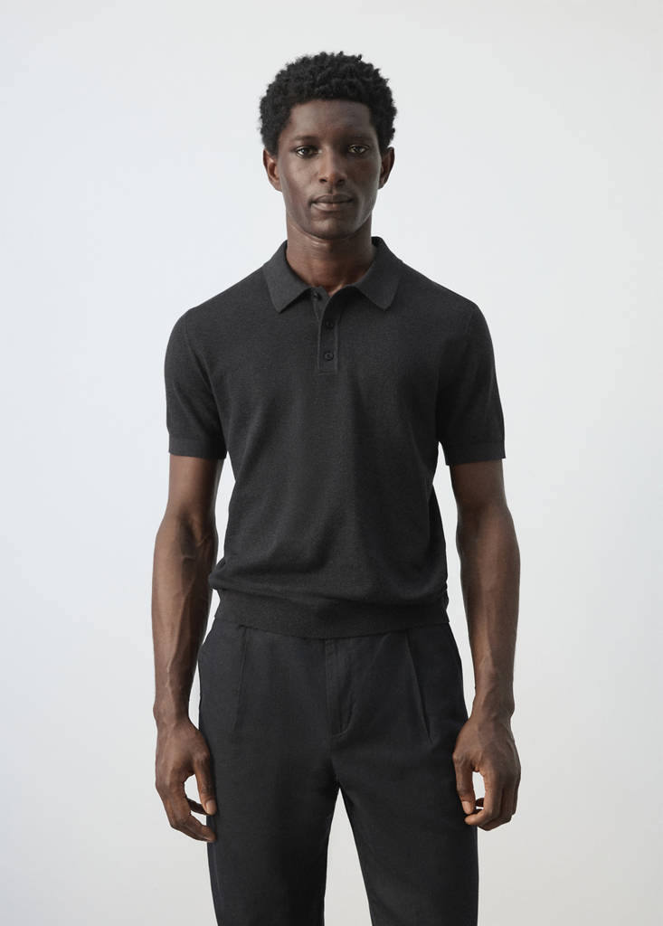 Fine knit polo shirt with microstructure — Black