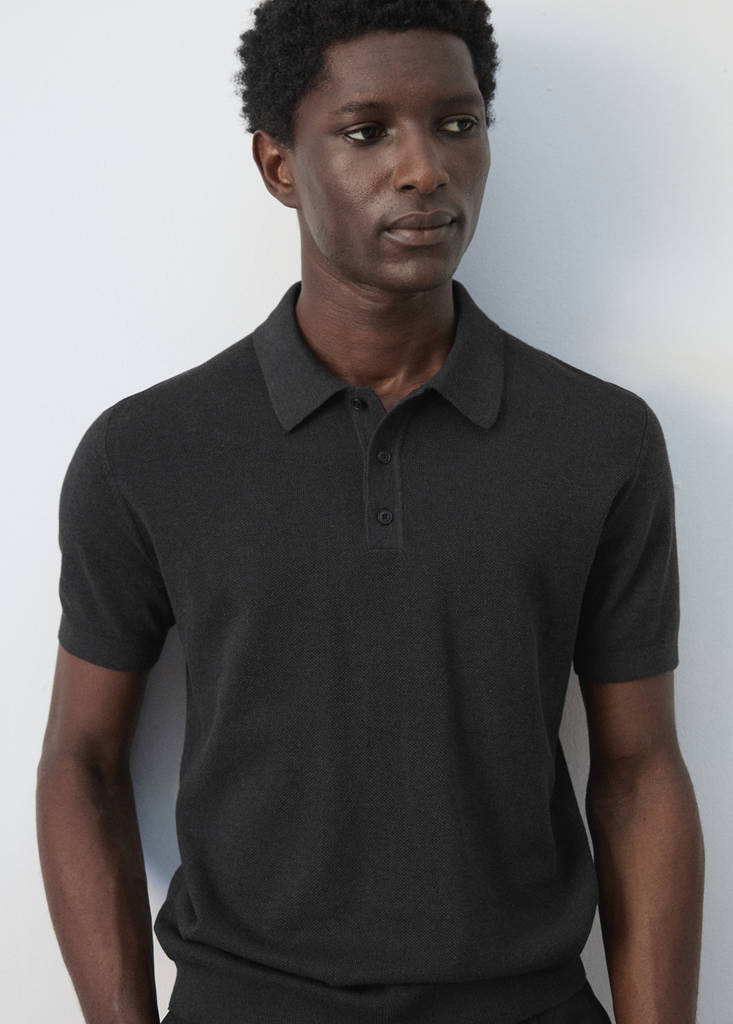 Fine knit polo shirt with microstructure — Black