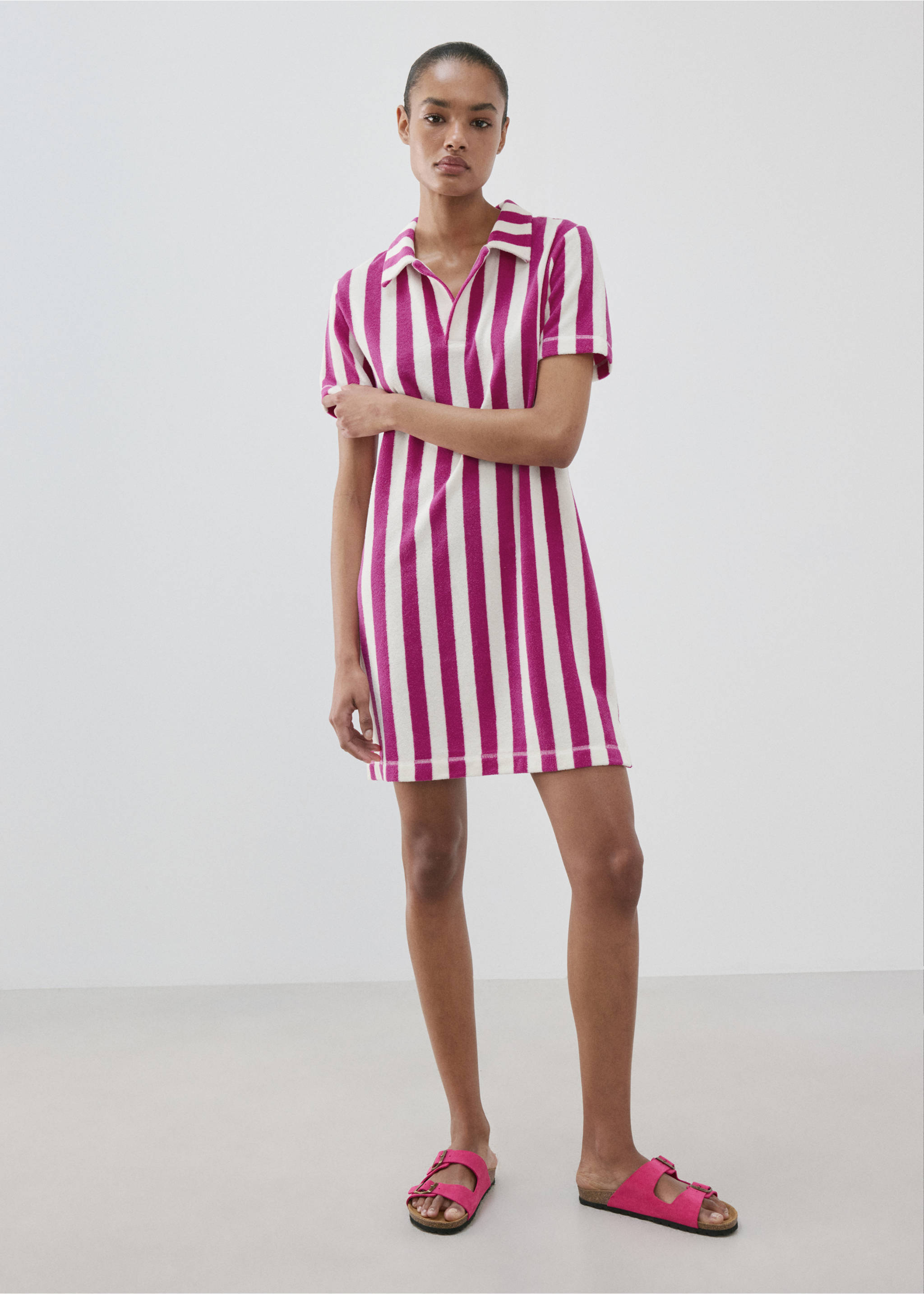 Terry cotton striped nightdress - General plane, Fuchsia. Ref: 27045972-00.