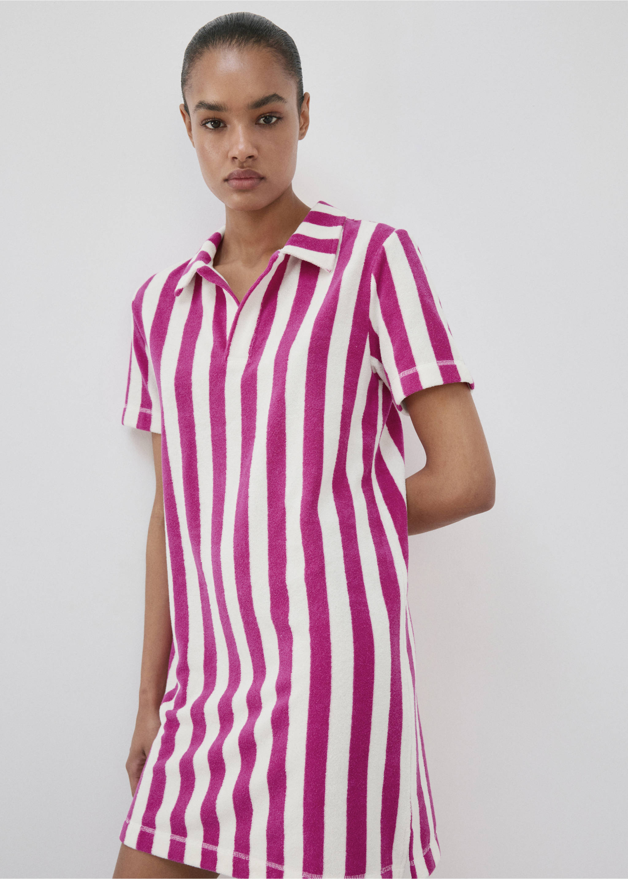 Terry cotton striped nightdress - Medium plane, Fuchsia. Ref: 27045972-00.
