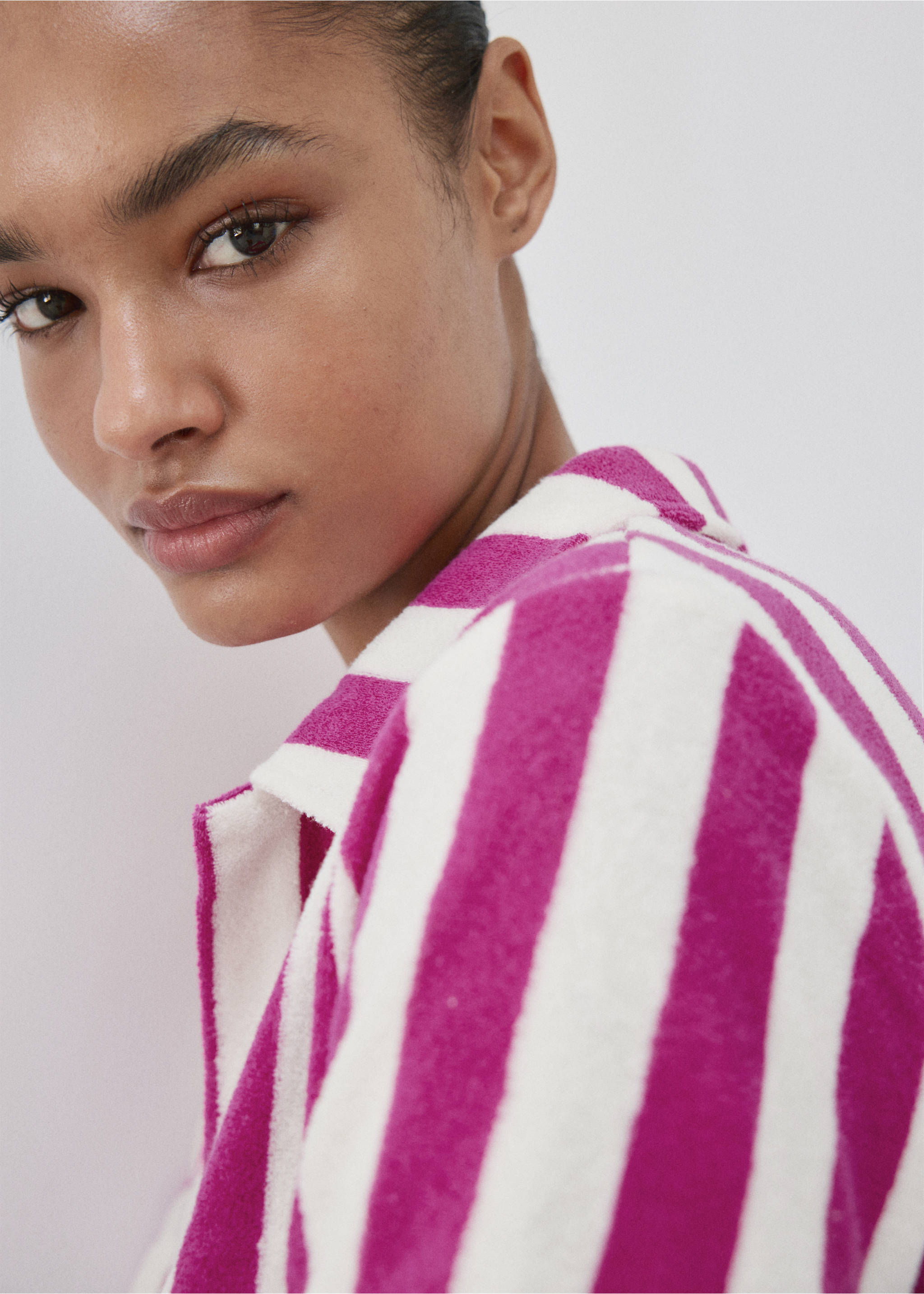 Terry cotton striped nightdress - Details of the article 1, Fuchsia. Ref: 27045972-00.