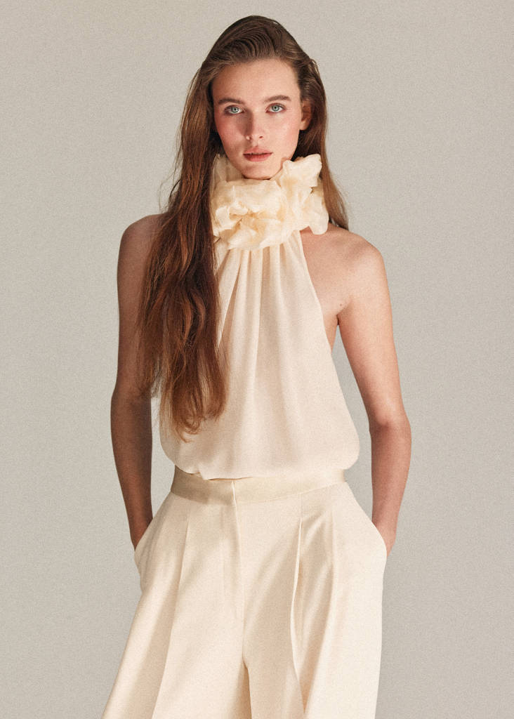 Satin waistband palazzo trousers — Ecru