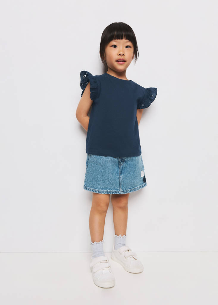 Ruffle top with embroidered details — Navy