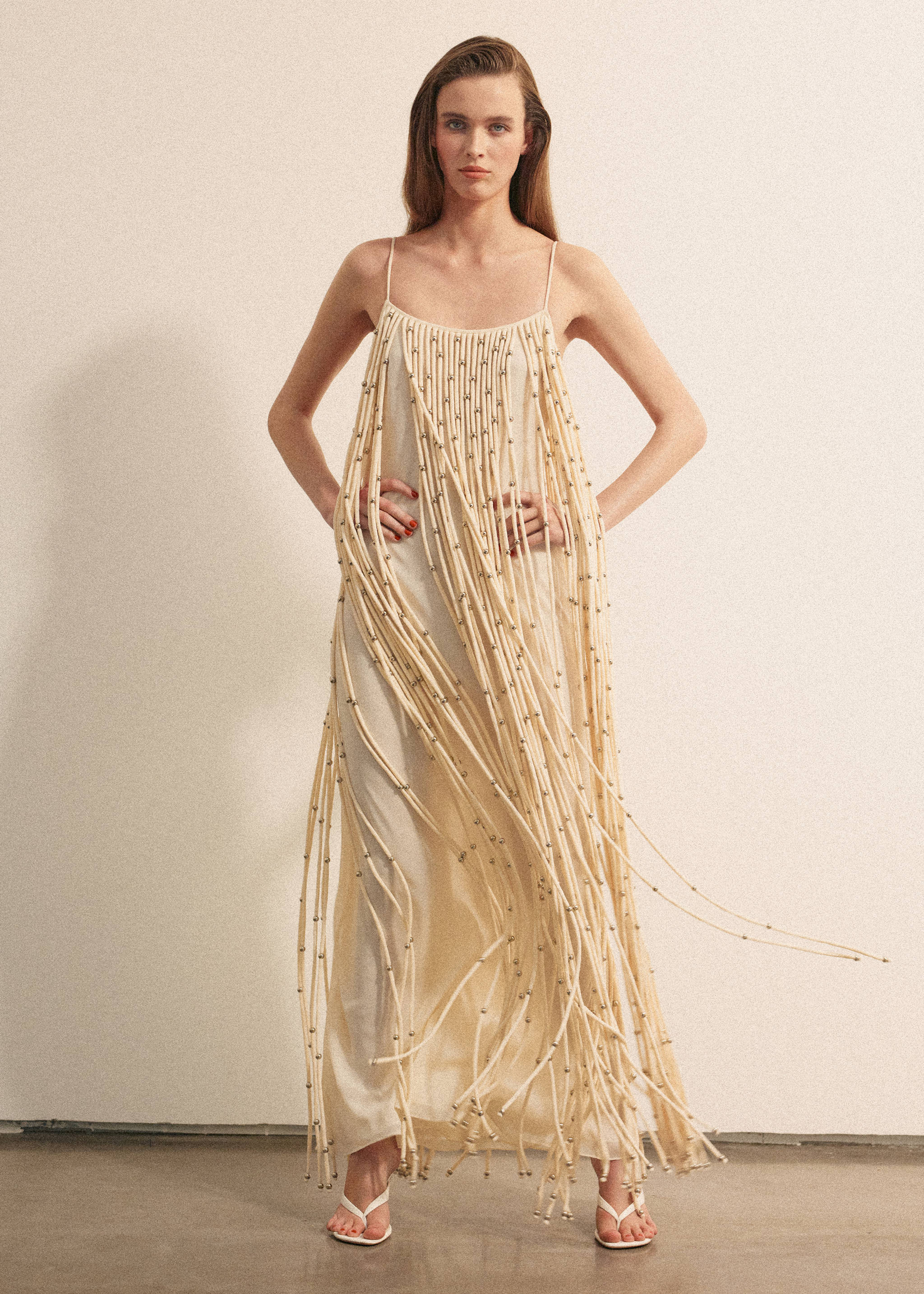Long dress with sphere tassels - General plane, Off White. Ref: 27046340-00.