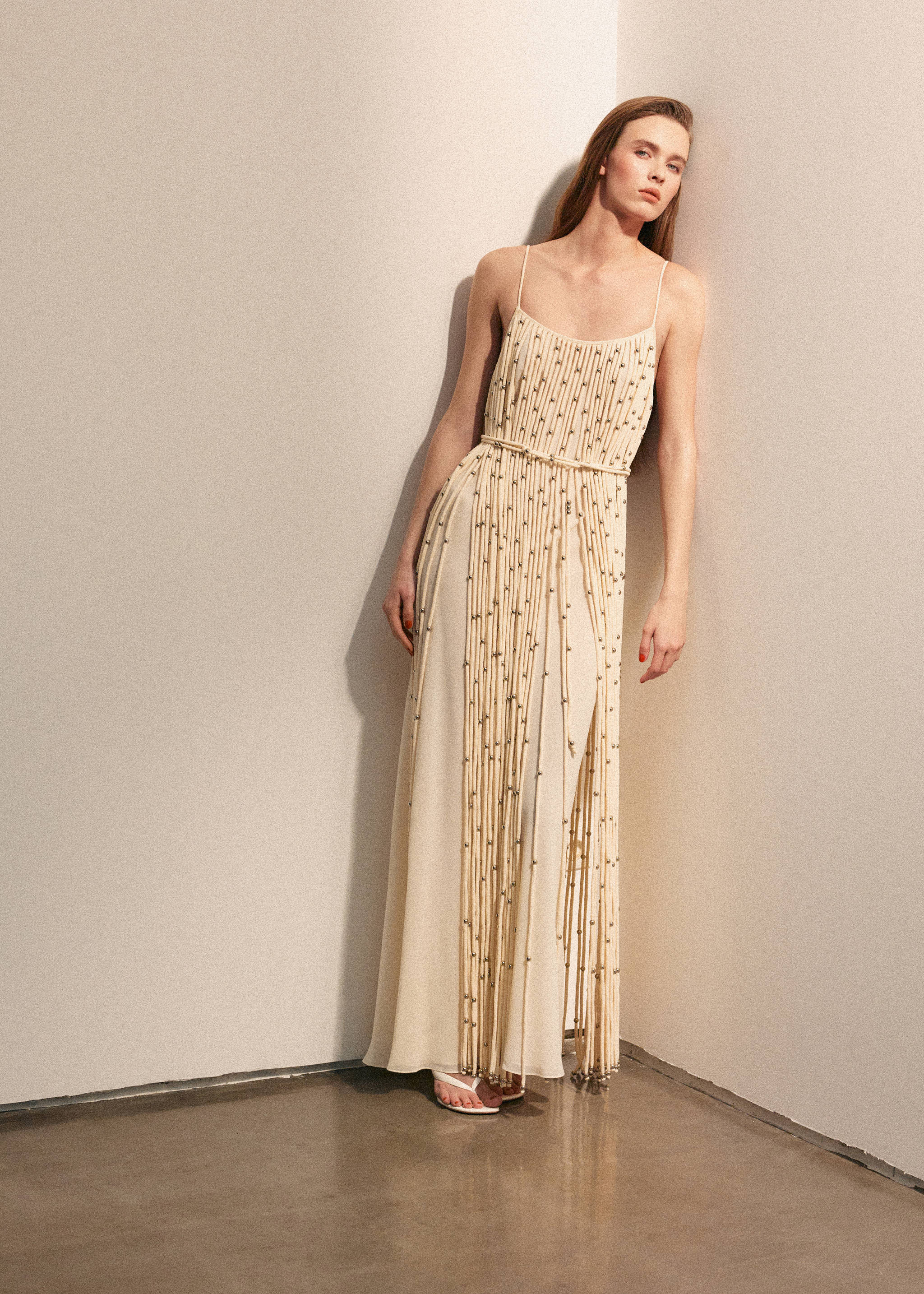 Long dress with sphere tassels - Details of the article 1, Off White. Ref: 27046340-00.