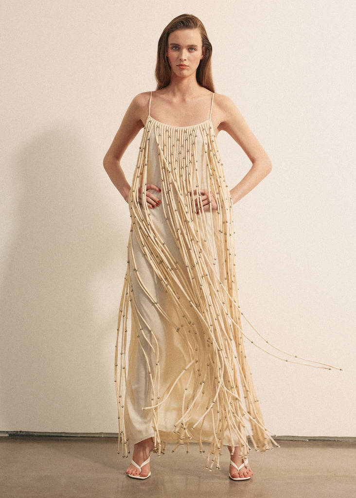 Long dress with sphere tassels — Off White