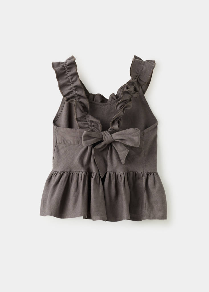 Linen blend frill top — Chocolate
