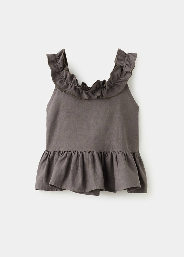 Linen blend frill top — Chocolate