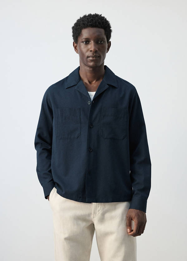 Bowling collar cotton shacket — Navy