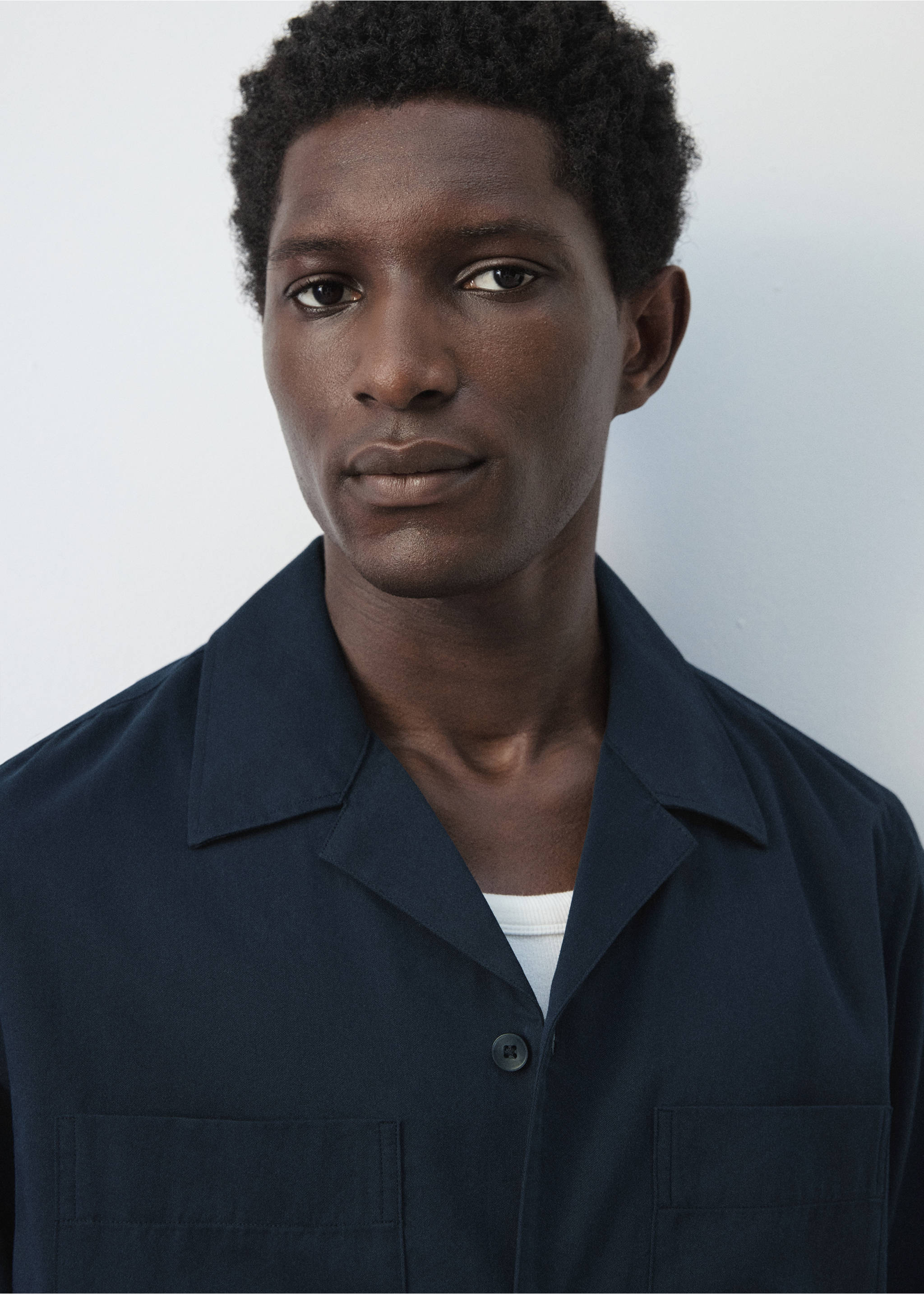 Bowling collar cotton shacket - Details of the article 1, Navy. Ref: 27046711-00.