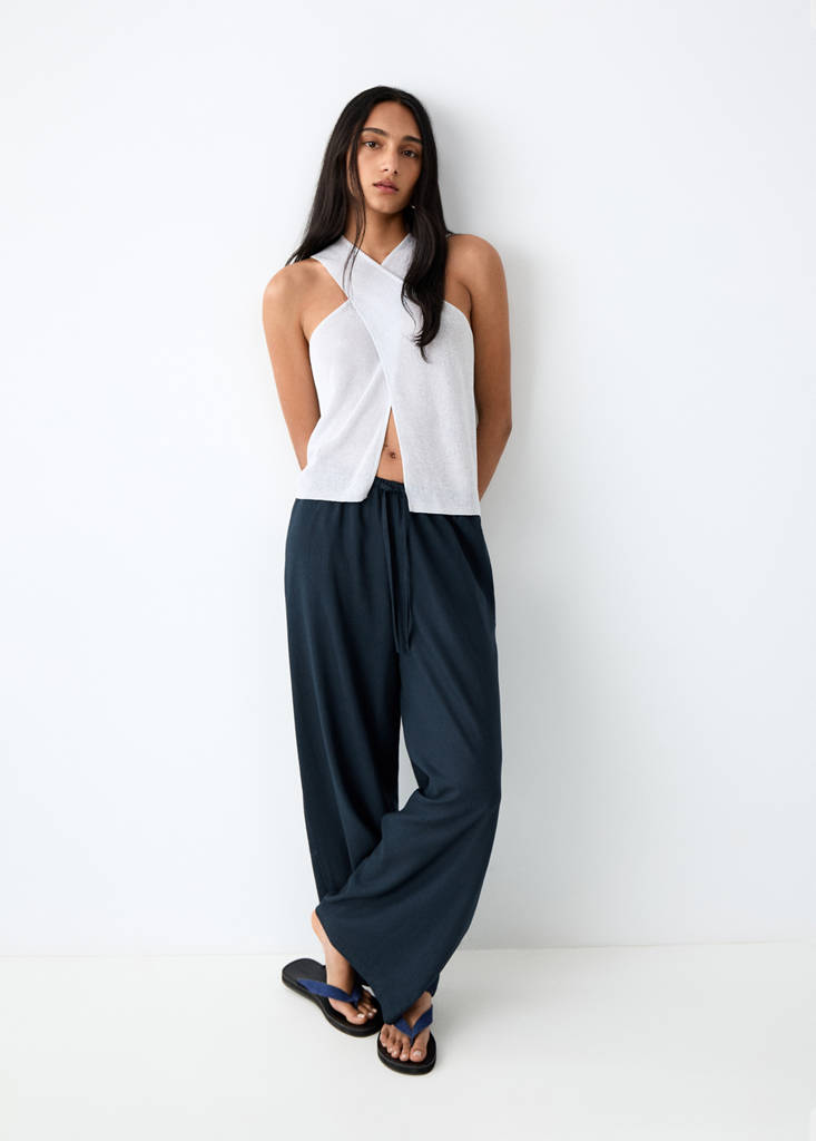 Straight linen-blend trousers — Navy
