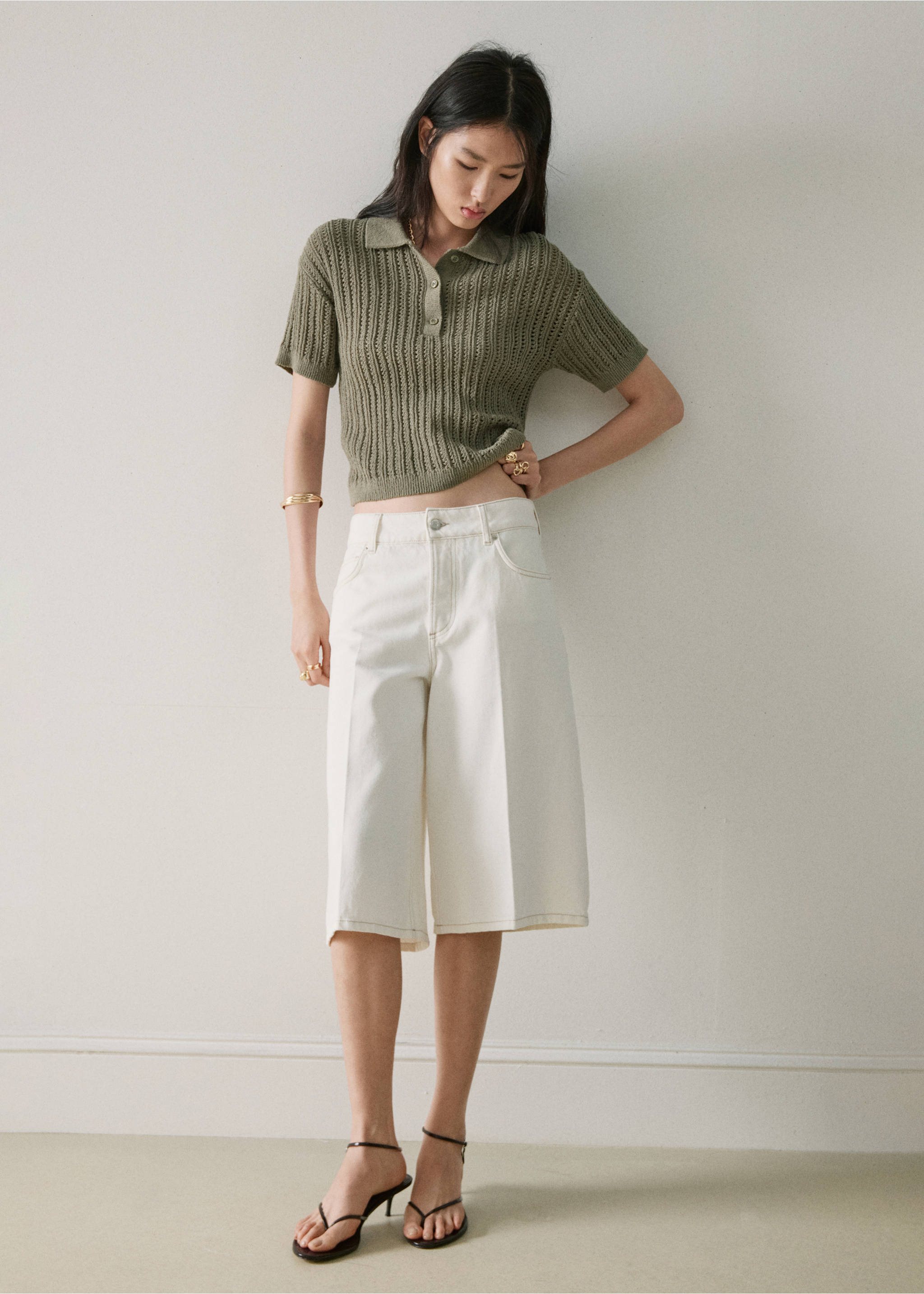 Jersey punto calado cuello polo - Plano general, Khaki. Ref: 27047138-00.