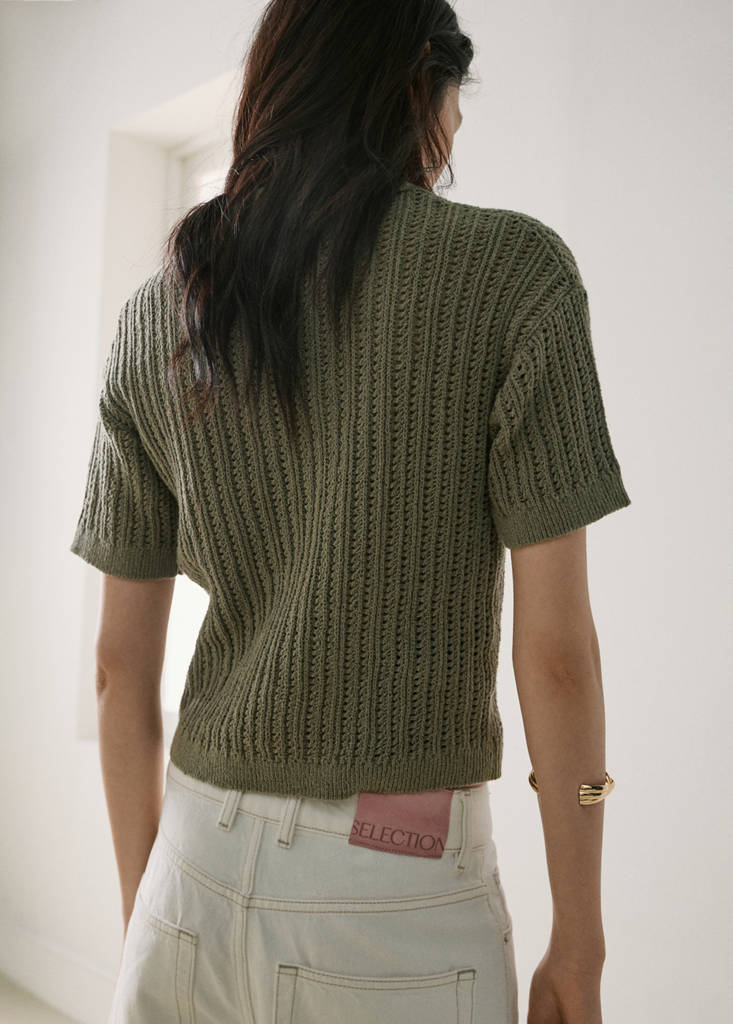 Openwork knitted polo-neck sweater — Khaki