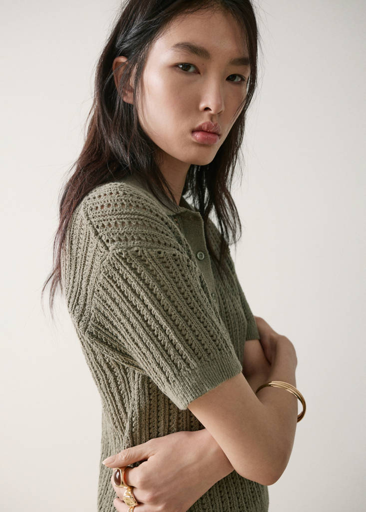 Openwork knitted polo-neck sweater — Khaki