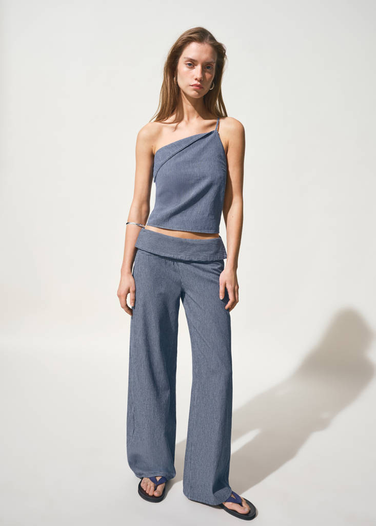 Wide leg striped jeans with rolled-up waist — Dark Blue