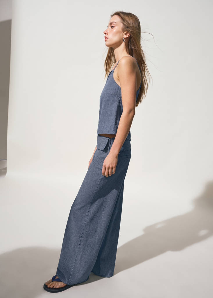 Wide leg striped jeans with rolled-up waist — Dark Blue