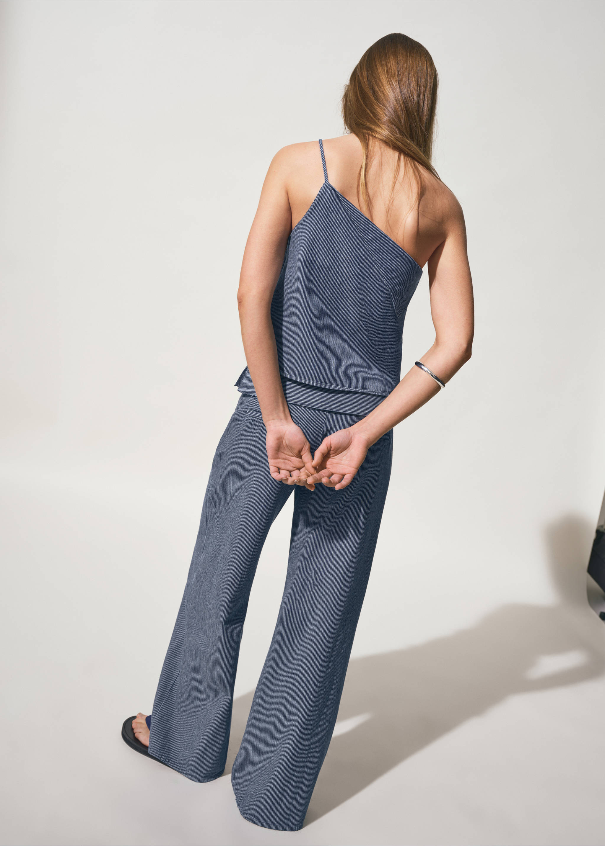 Wide leg striped jeans with rolled-up waist - Reverse of the article, Dark Blue. Ref: 27047139-00.