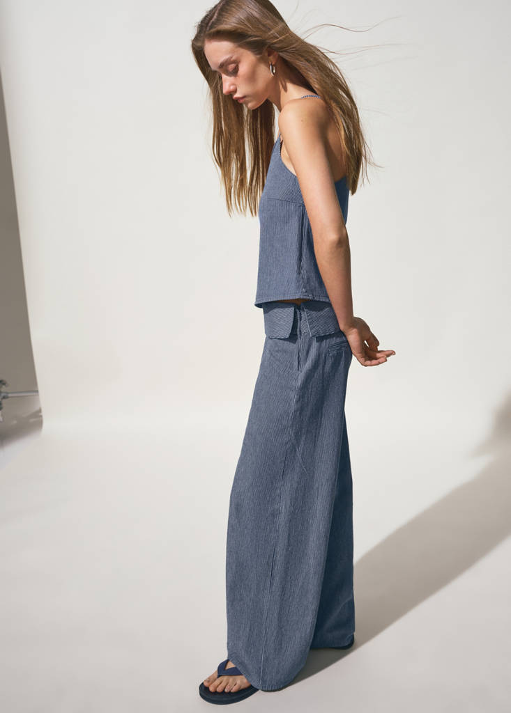 Wide leg striped jeans with rolled-up waist — Dark Blue