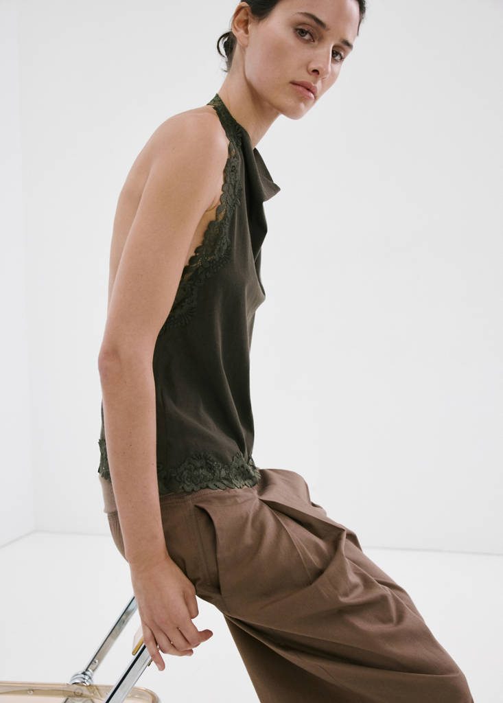 Lace halter neck top — Khaki