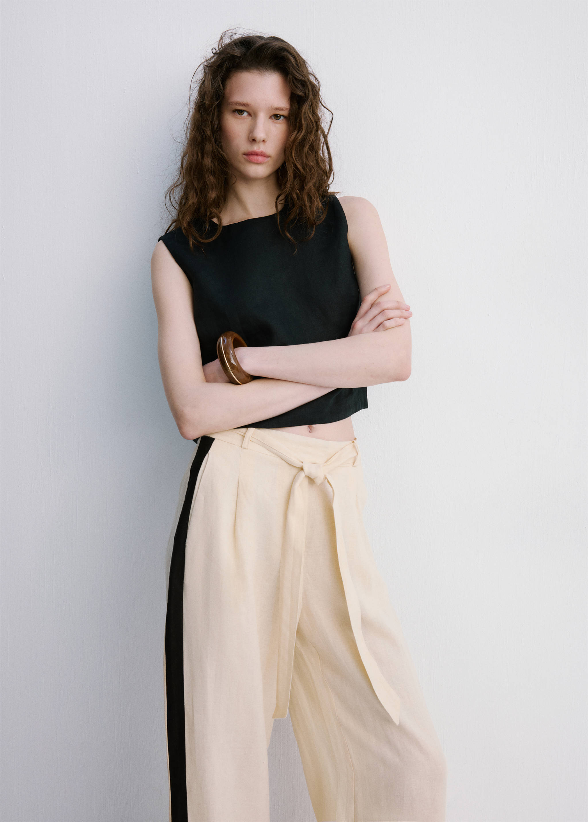 Contrast stripe linen trousers - Medium plane