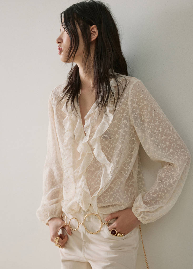 Ruffled embroidered blouse — Ecru