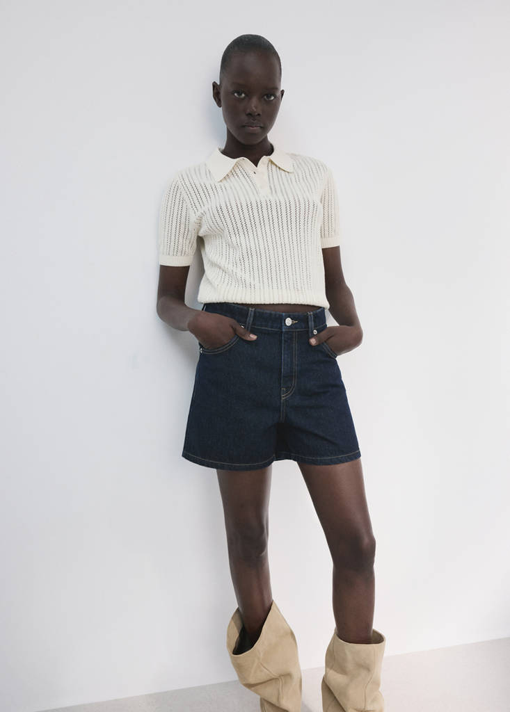 High-waisted straight-fit denim shorts — Open Blue