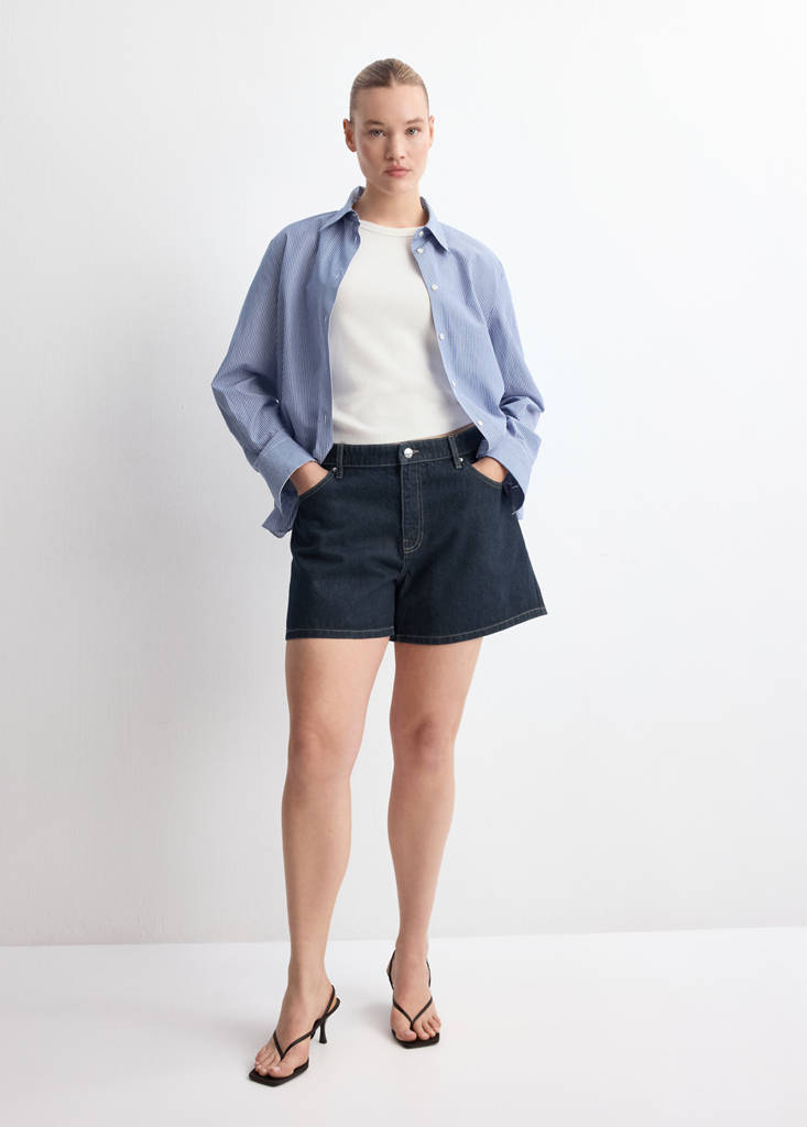 High-waisted straight-fit denim shorts — Open Blue