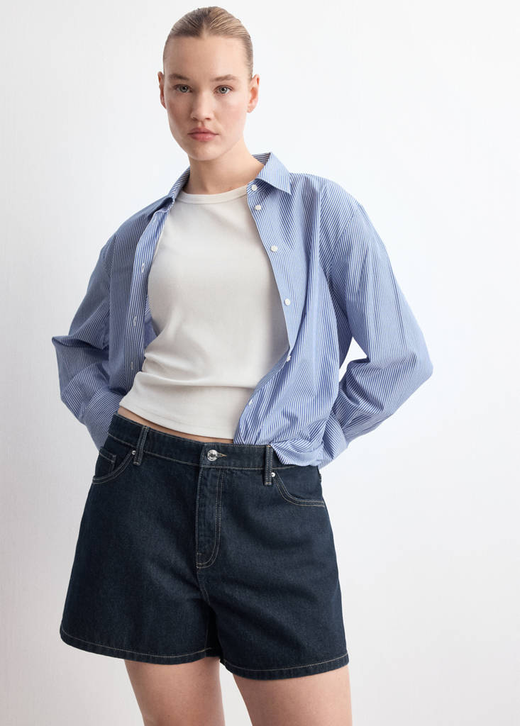 High-waisted straight-fit denim shorts — Open Blue