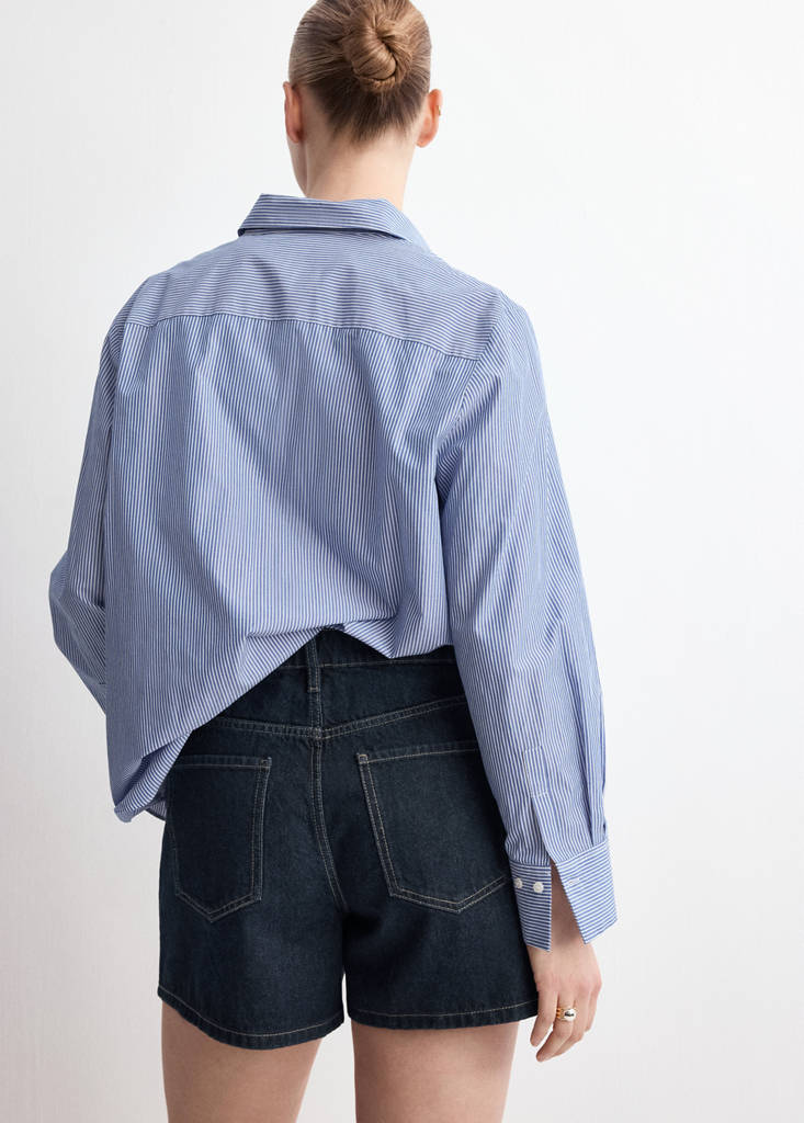 High-waisted straight-fit denim shorts — Open Blue
