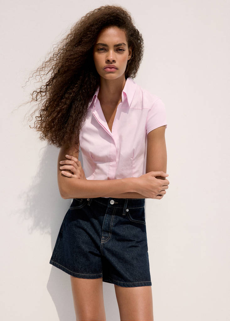 High-waisted straight-fit denim shorts — Open Blue