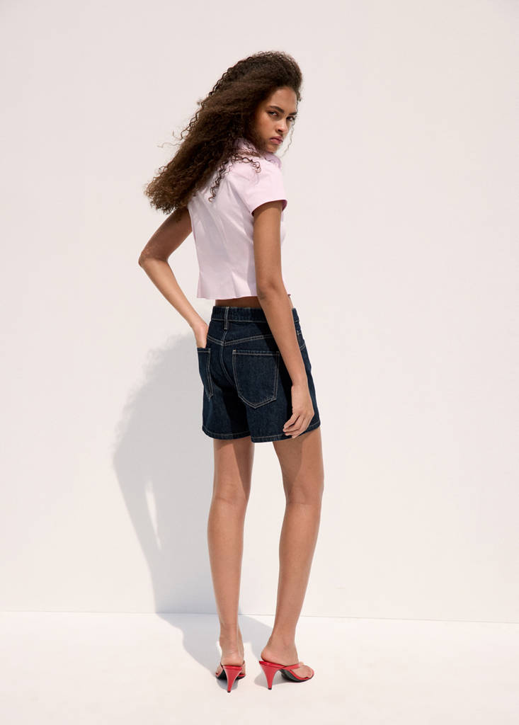 High-waisted straight-fit denim shorts — Open Blue