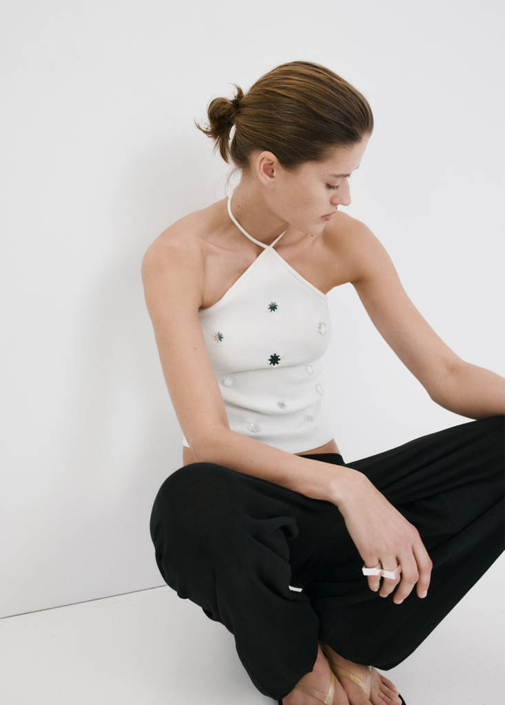 Halter top with metallic appliqués — White