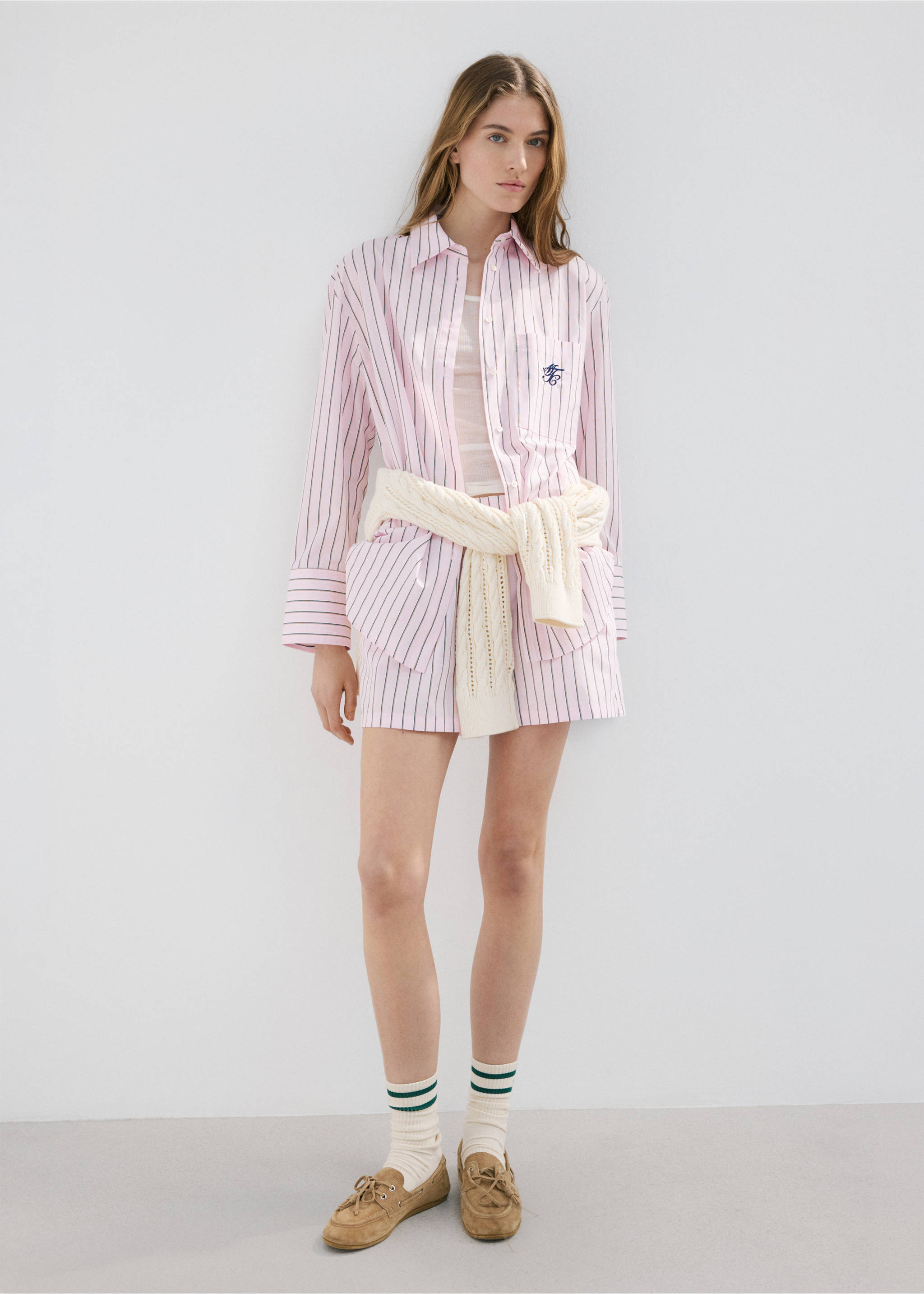 Striped poplin shirt with embroidered message - General plane, Pastel Pink. Ref: 27047169-00.