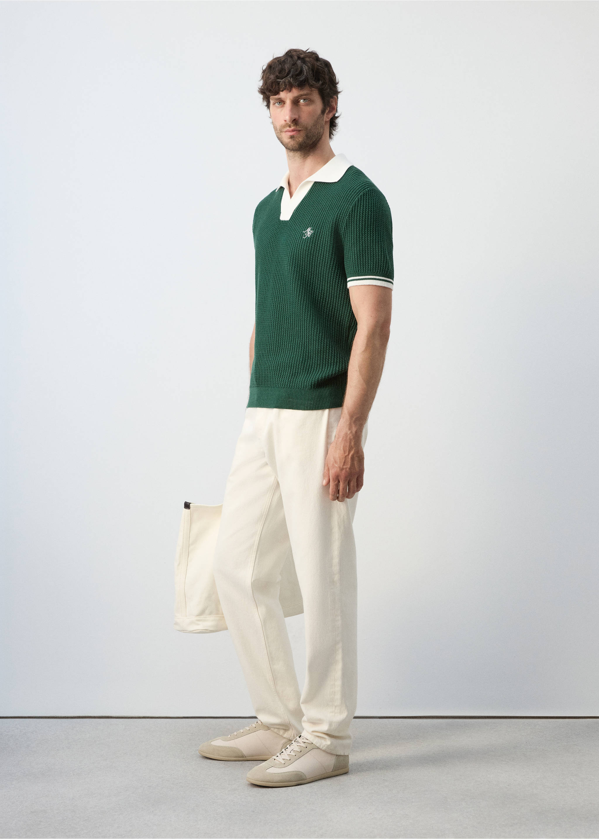 Cotton structured polo shirt - Details of the article 2, Dark Green. Ref: 27047790-00.