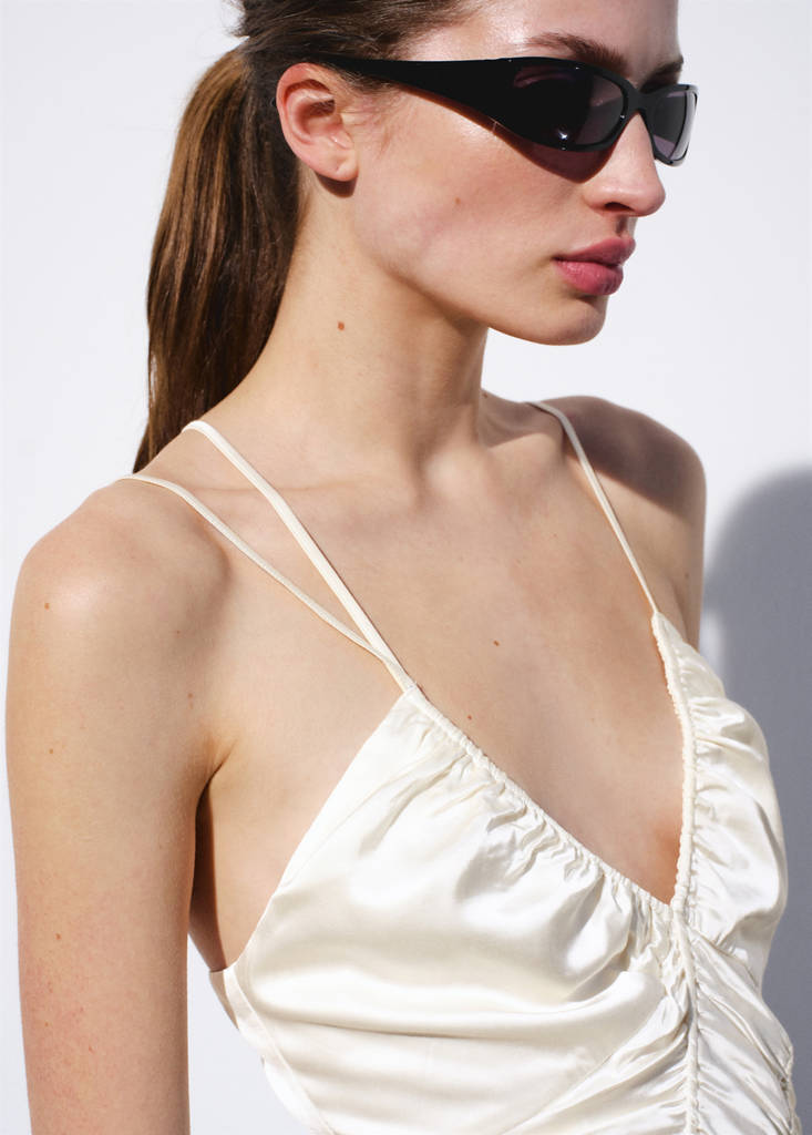 Satin dress with adjustable ruching — Ecru