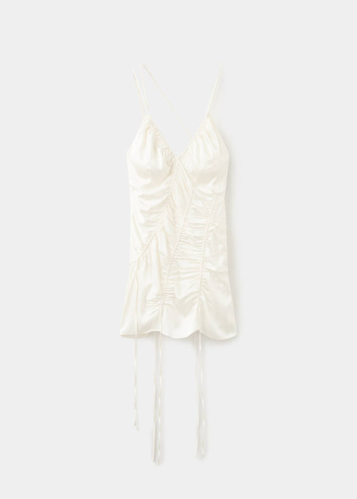 Satin dress with adjustable ruching — Ecru