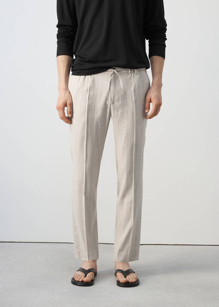 Striped slim-fit linen trousers — Beige