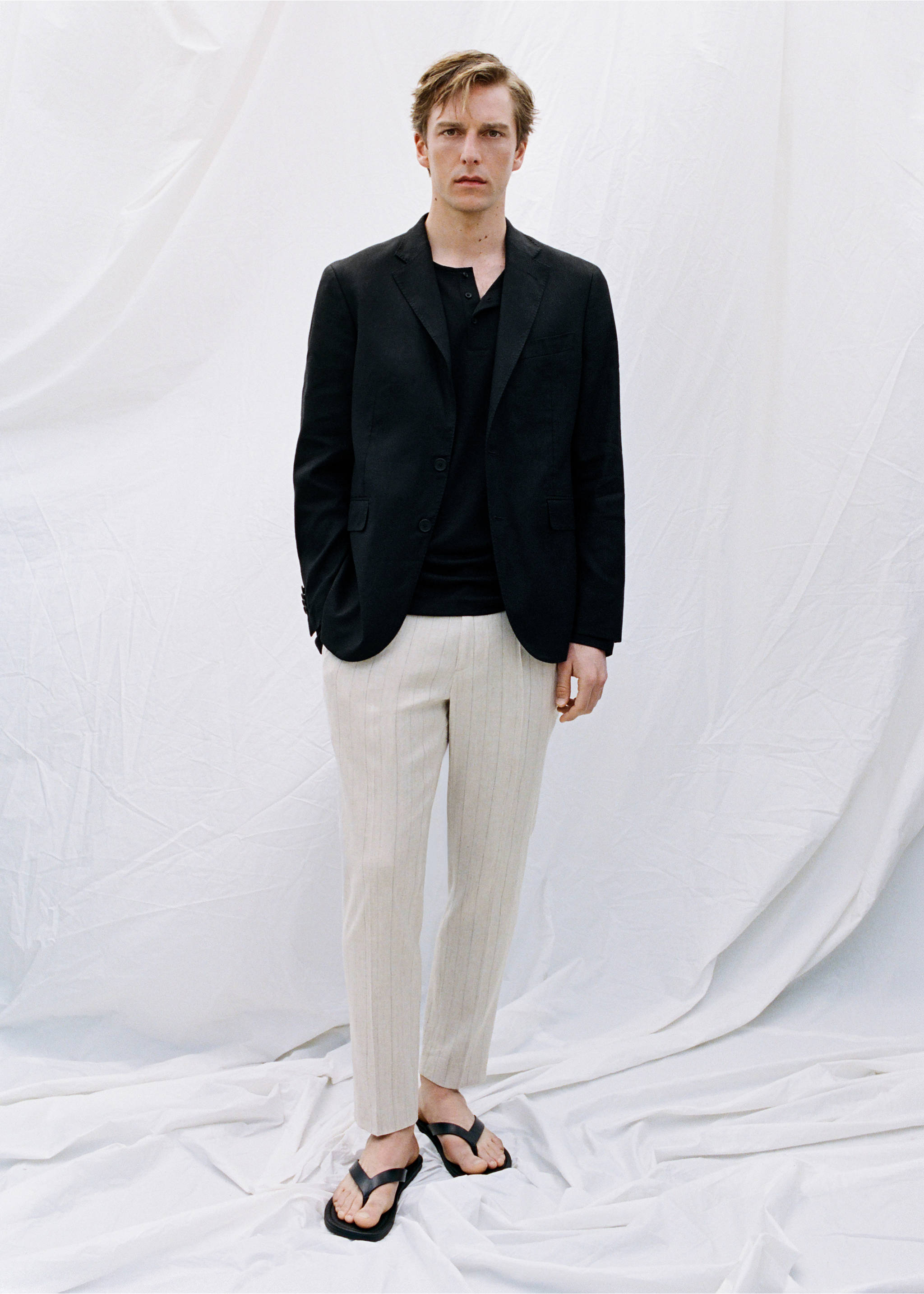 Striped slim-fit linen trousers - Details of the article 5, Beige. Ref: 27047896-00.