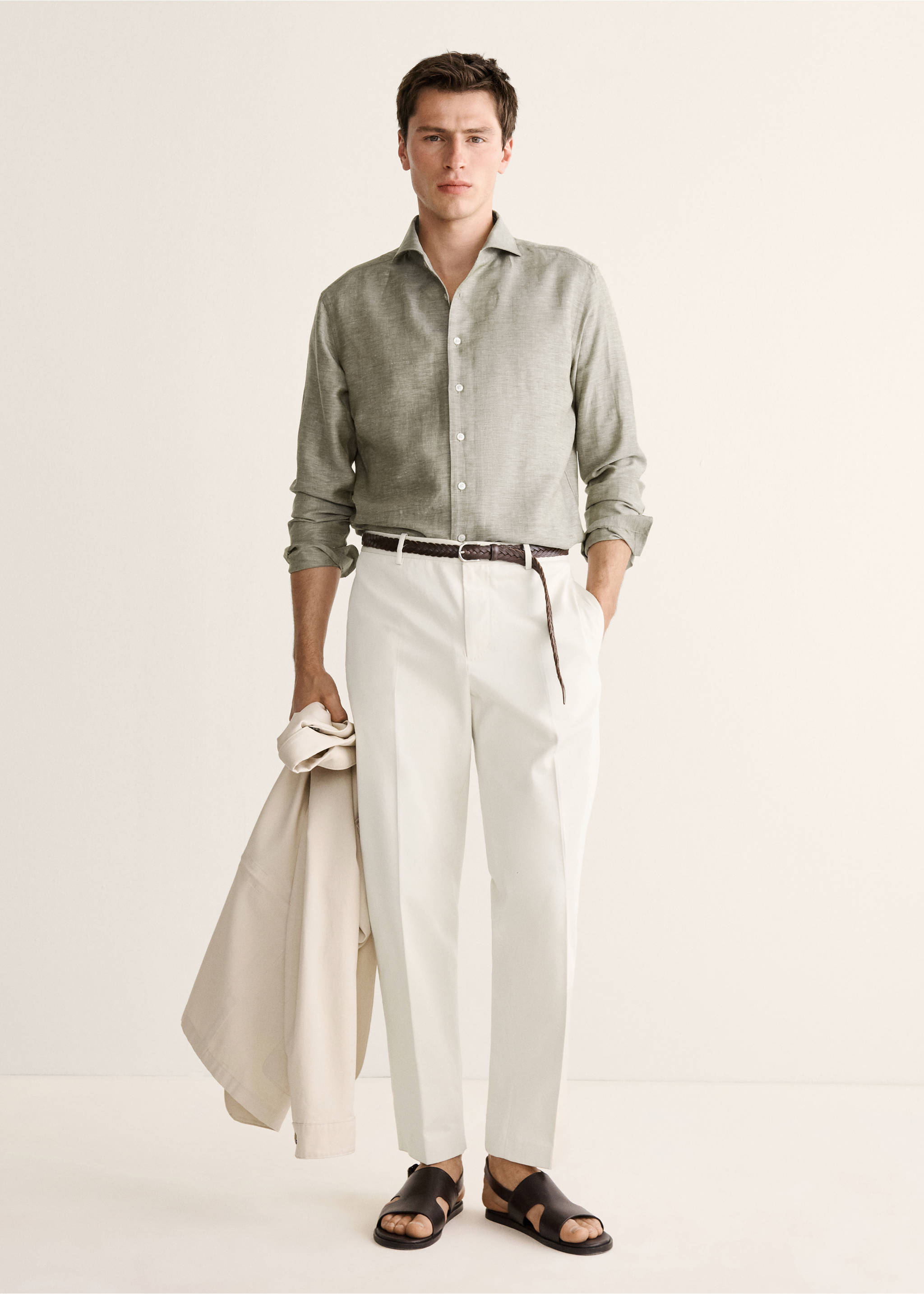 Regular-fit 100% cotton trousers - General plane, Beige. Ref: 27047899-00.